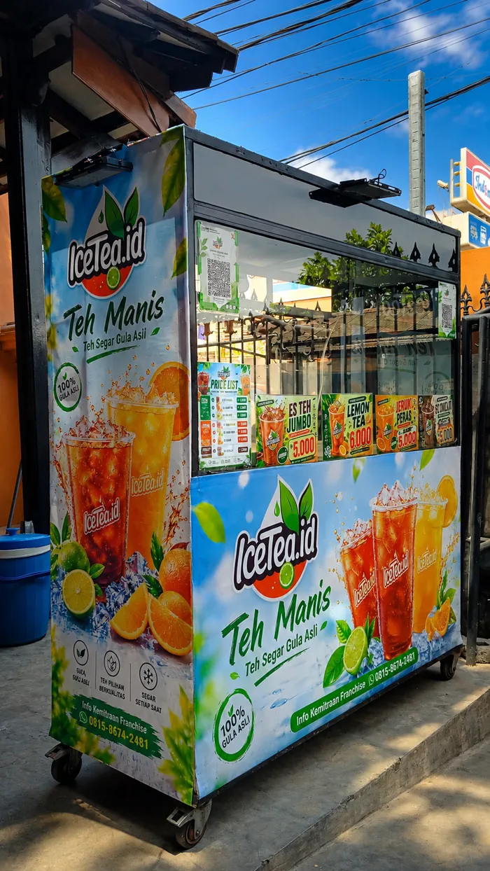 Booth es teh IceTea.id dengan banner dan price list